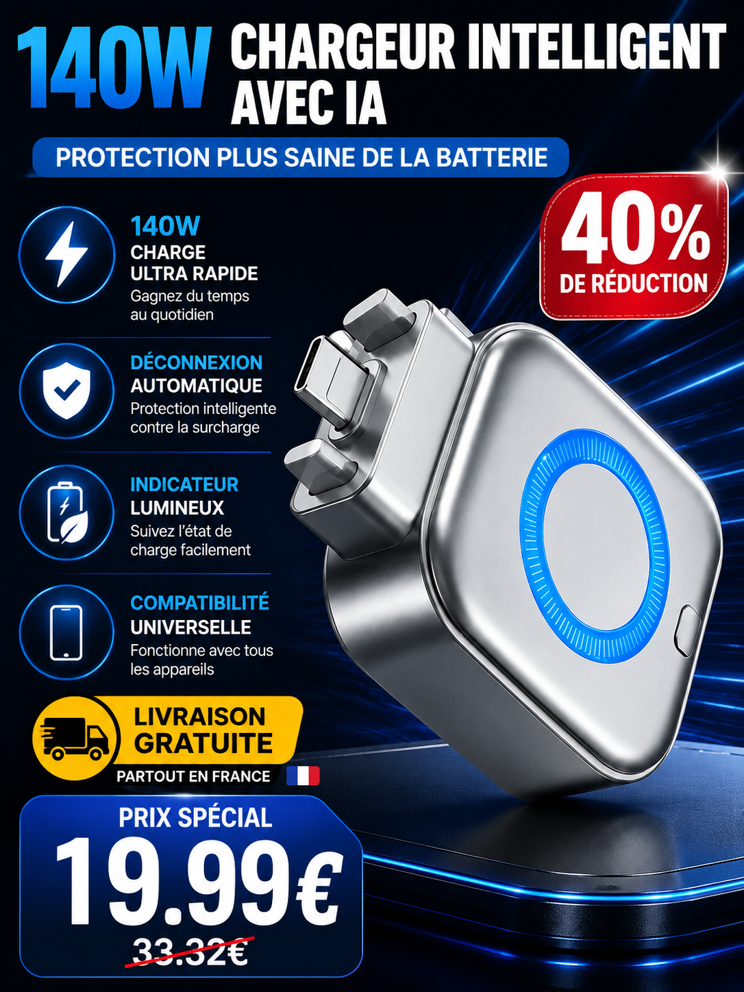 Chargeur Intelligent 140W GaN  Arrêt Automatique par IA