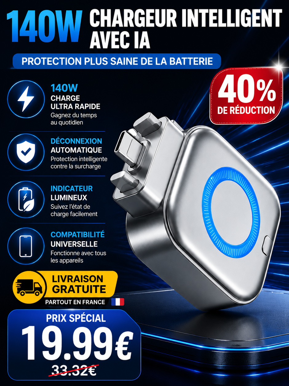 Chargeur Intelligent 140W GaN  Arrêt Automatique par IA