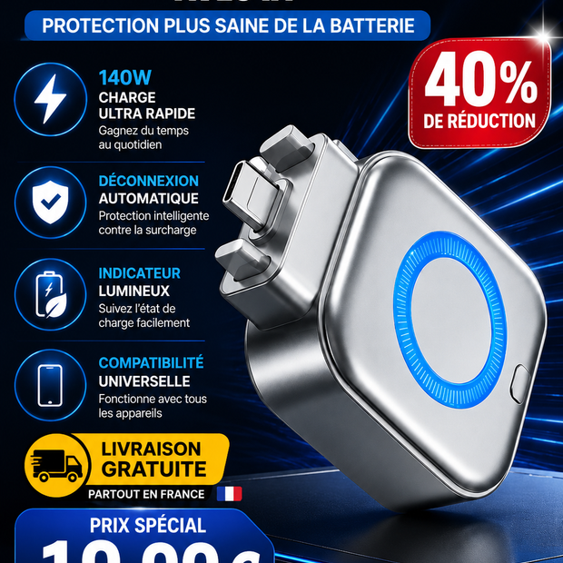 Chargeur Intelligent 140W GaN  Arrêt Automatique par IA