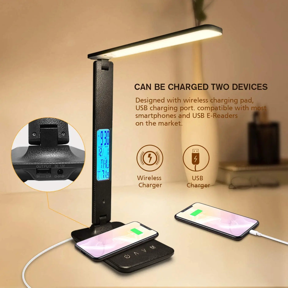 LAMPE DE BUREAU LED AVEC CHARGE SANS FIL QI 10W CALENDRIER THERMOMÈTRE ET RÉVEIL