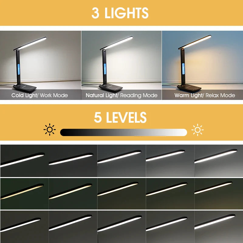 LAMPE DE BUREAU LED AVEC CHARGE SANS FIL QI 10W CALENDRIER THERMOMÈTRE ET RÉVEIL