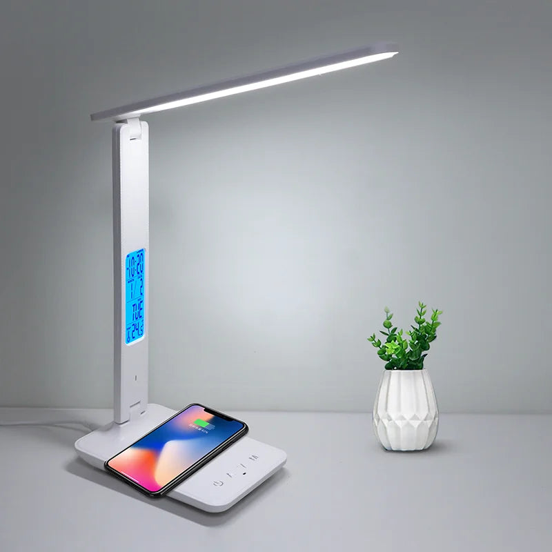 LAMPE DE BUREAU LED AVEC CHARGE SANS FIL QI 10W CALENDRIER THERMOMÈTRE ET RÉVEIL