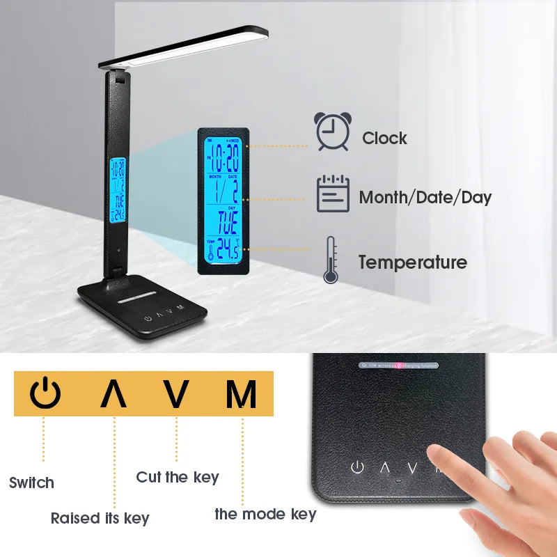 LAMPE DE BUREAU LED AVEC CHARGE SANS FIL QI 10W CALENDRIER THERMOMÈTRE ET RÉVEIL