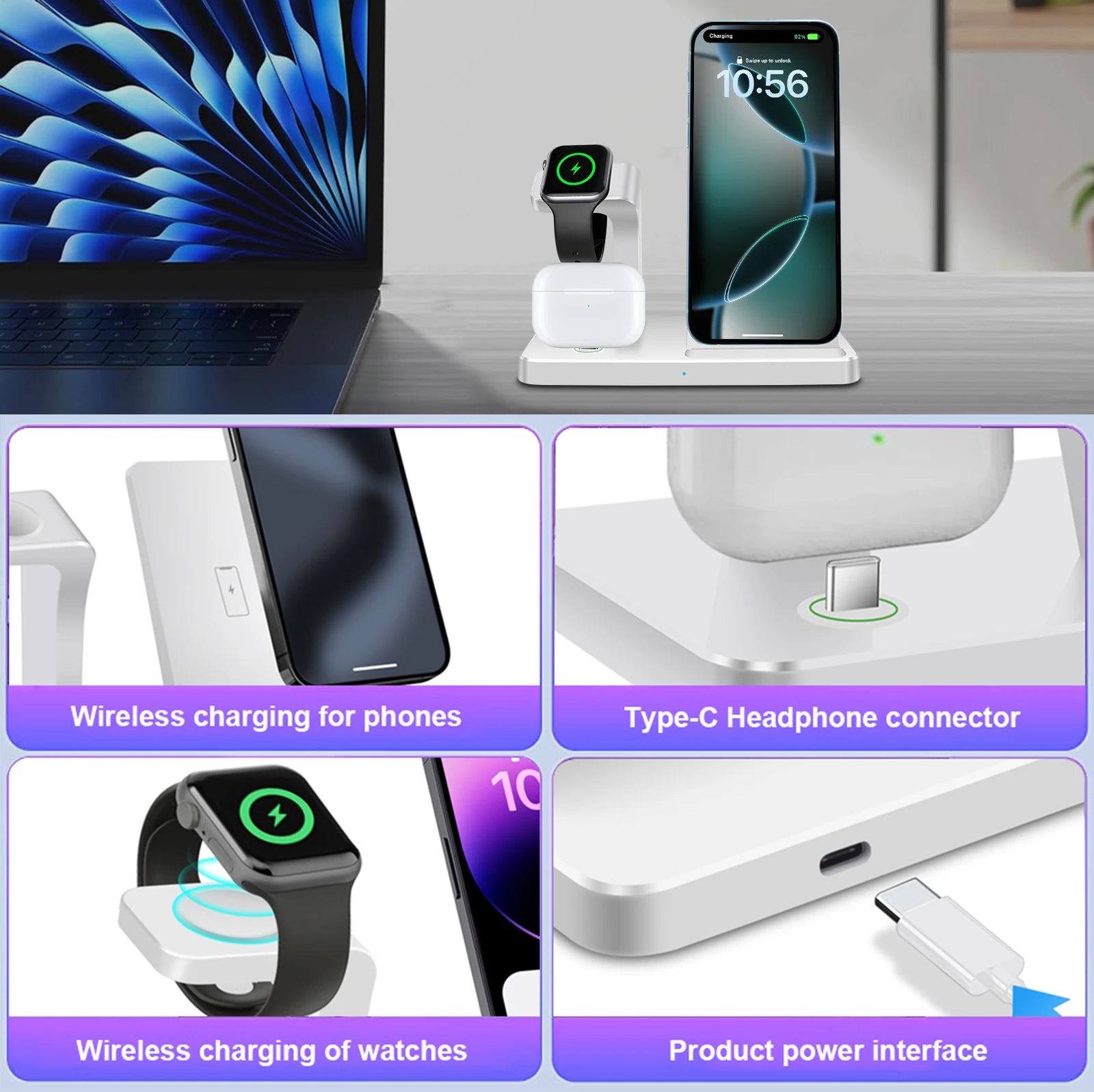 SUPPORT DE CHARGEUR SANS FIL 3 EN 1 STATION DE CHARGE RAPIDE