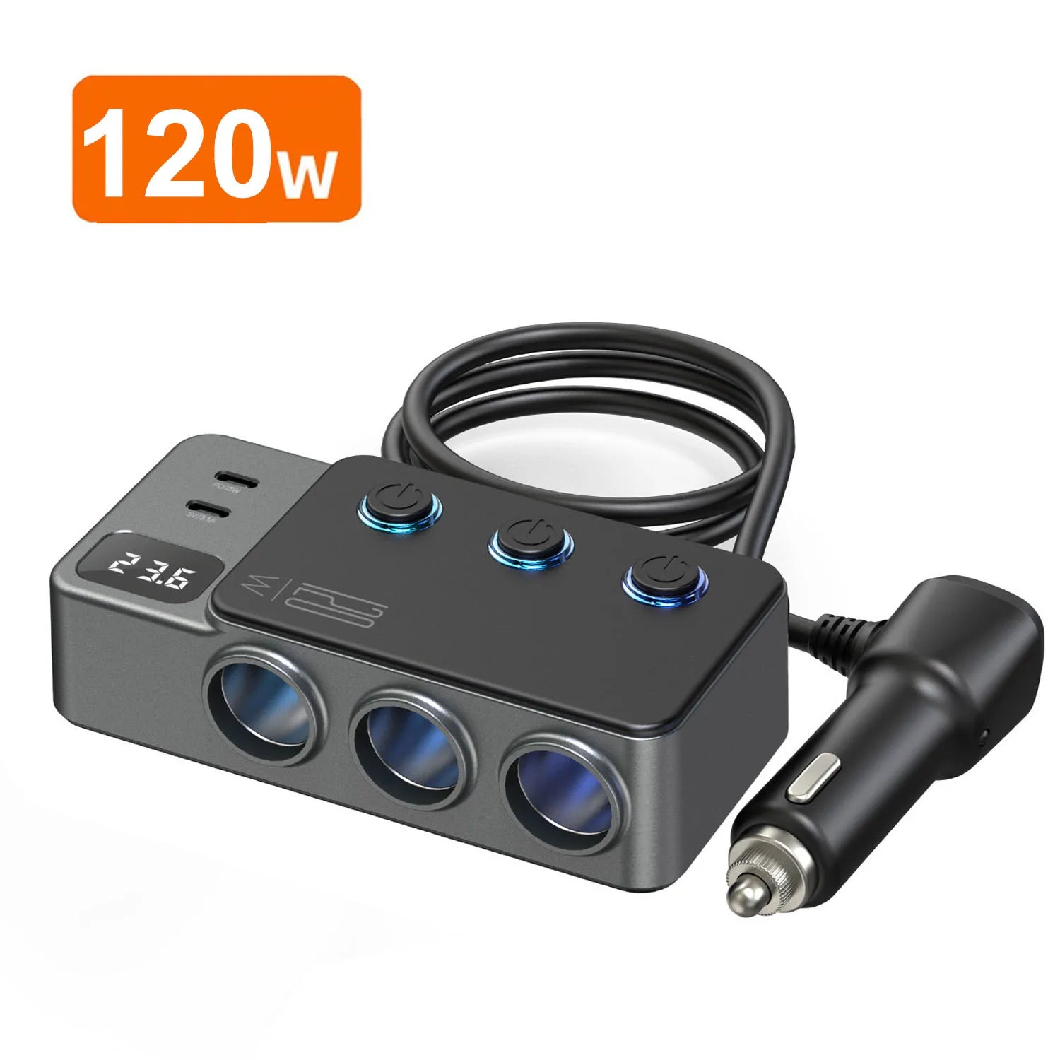 ADAPTATEUR CHARGE RAPIDE VOITURE 9 EN 1 AVEC 3 PRISES PD INDÉPENDANTES ET RÉPARTITEUR D’ALLUME-CIGARE