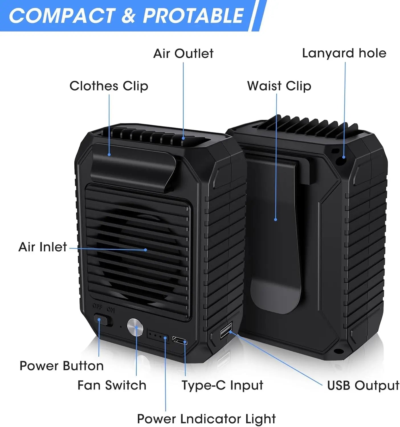 VENTILATEUR PORTATIF À PINCE DE TAILLE ALIMENTÉ SANS LES MAINS VENTILATEUR RAFRAÎCHISSANT POUR LE CORPS