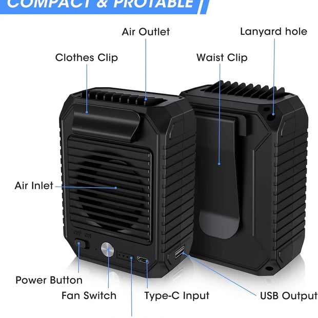 VENTILATEUR PORTATIF À PINCE DE TAILLE ALIMENTÉ SANS LES MAINS VENTILATEUR RAFRAÎCHISSANT POUR LE CORPS