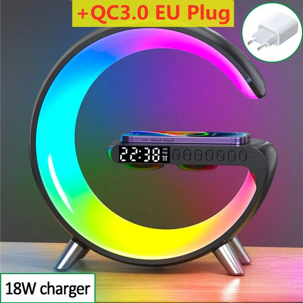 SUPPORT DE CHARGEUR SANS FIL MULTIFONCTION RÉVEIL HAUT-PARLEUR LUMIÈRE RGB AVEC APPLICATION STATION DE CHARGE RAPIDE