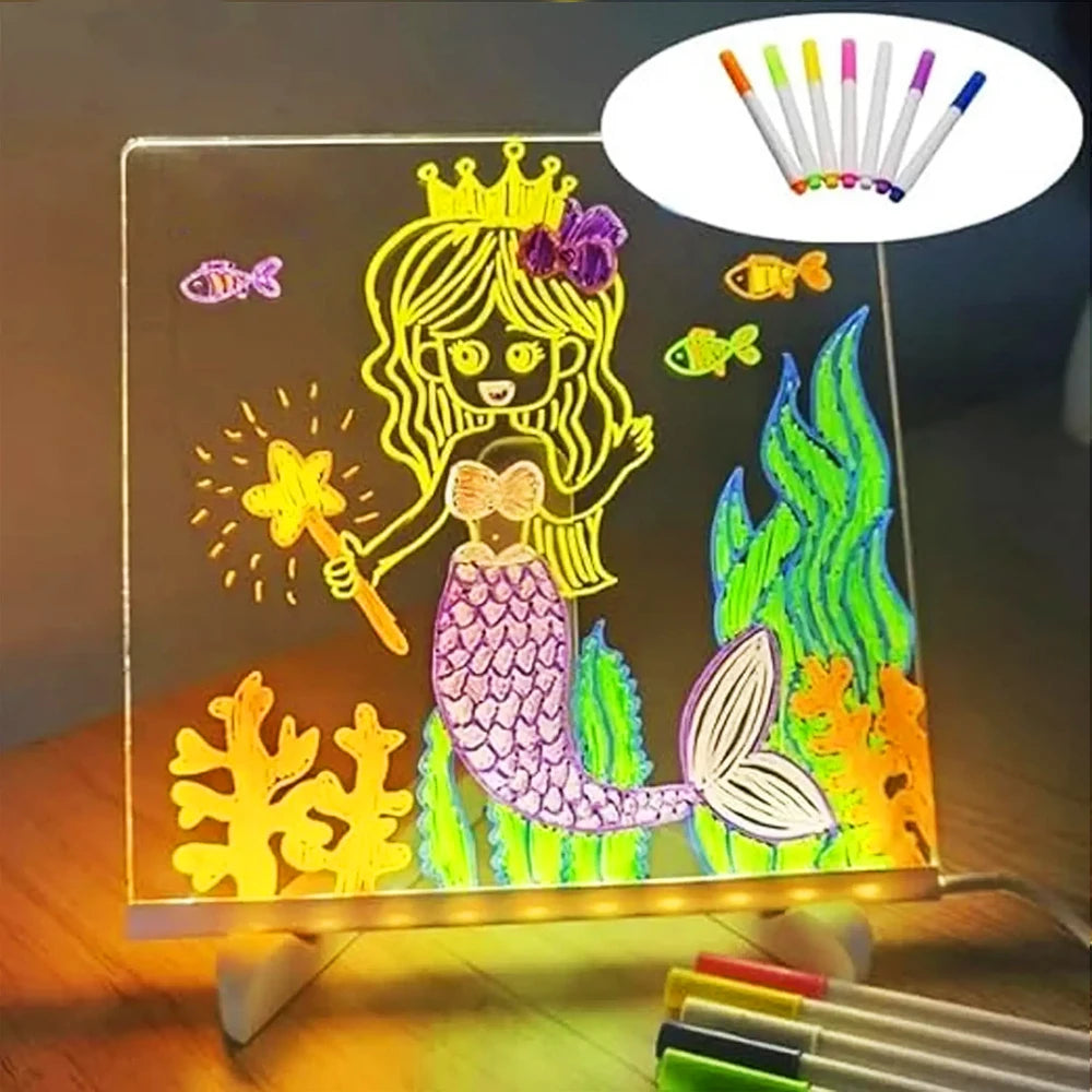 TABLEAU LUMINEUX LED POUR ENFANTS AVEC VEILLEUSE ET STYLOS COLORÉS 7 COULEURS EN ACRYLIQUE DIY