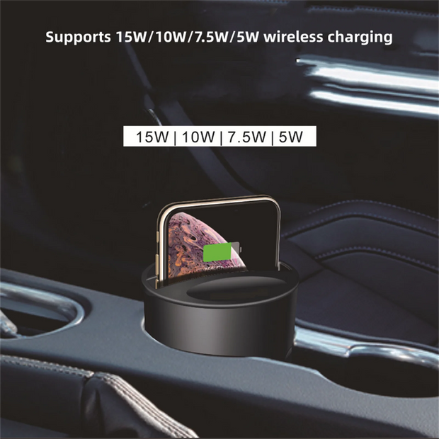 CHARGEUR SANS FIL POUR TÉLÉPHONE PORTABLE AVEC PORTE-GOBELET – ACCESSOIRE DE VOITURE DC12V 5A