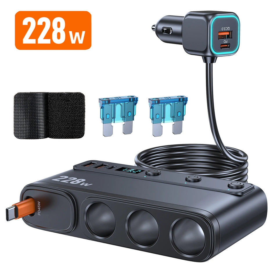 ADAPTATEUR CHARGE RAPIDE VOITURE 9 EN 1 AVEC 3 PRISES PD INDÉPENDANTES ET RÉPARTITEUR D’ALLUME-CIGARE
