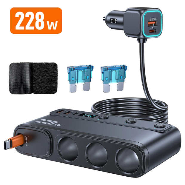 ADAPTATEUR CHARGE RAPIDE VOITURE 9 EN 1 AVEC 3 PRISES PD INDÉPENDANTES ET RÉPARTITEUR D’ALLUME-CIGARE