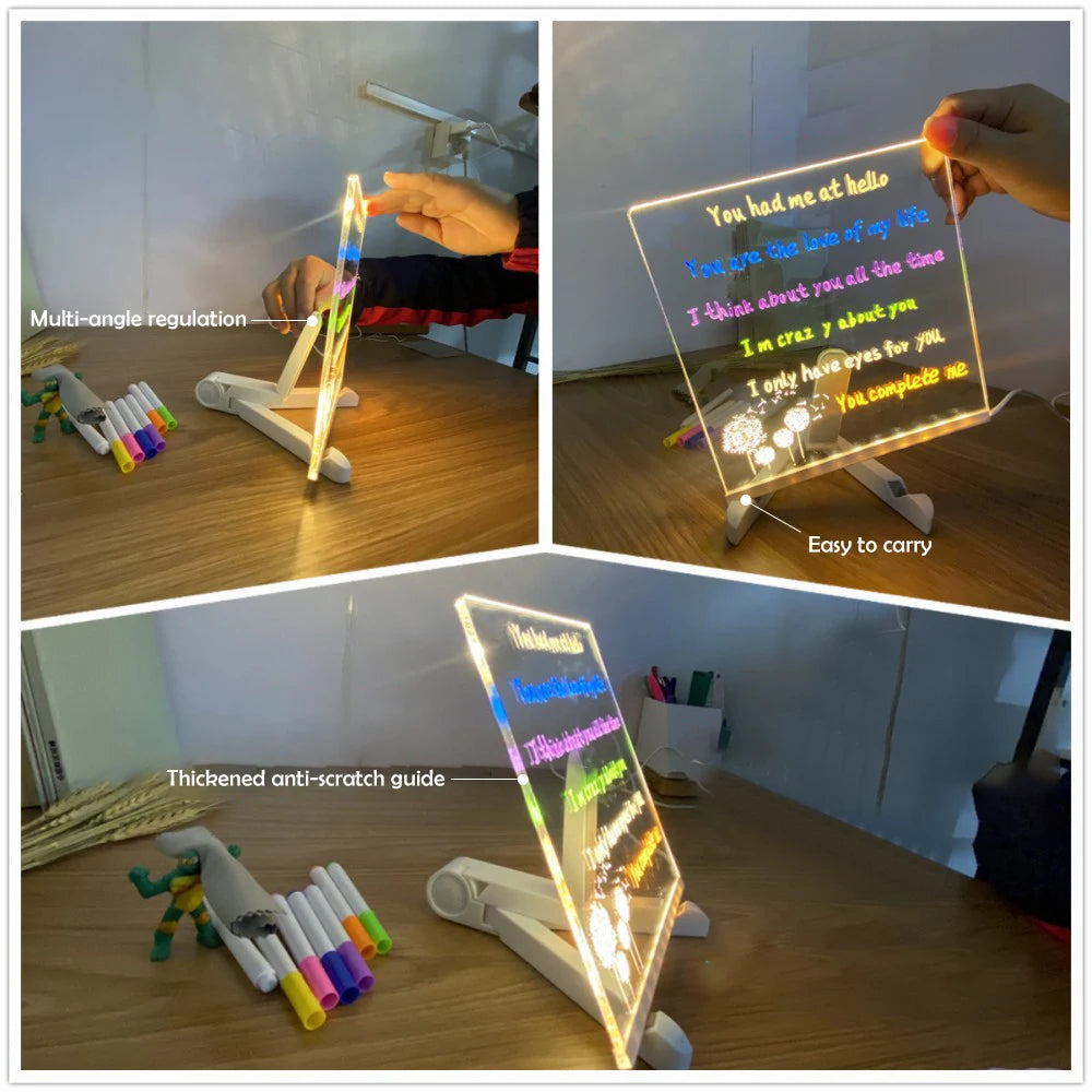 TABLEAU LUMINEUX LED POUR ENFANTS AVEC VEILLEUSE ET STYLOS COLORÉS 7 COULEURS EN ACRYLIQUE DIY