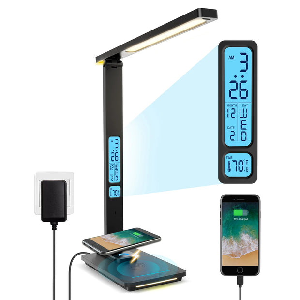 LAMPE DE BUREAU LED AVEC CHARGE SANS FIL QI 10W CALENDRIER THERMOMÈTRE ET RÉVEIL
