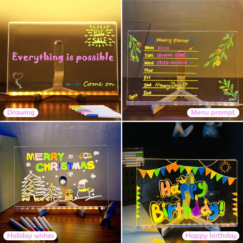 TABLEAU LUMINEUX LED POUR ENFANTS AVEC VEILLEUSE ET STYLOS COLORÉS 7 COULEURS EN ACRYLIQUE DIY