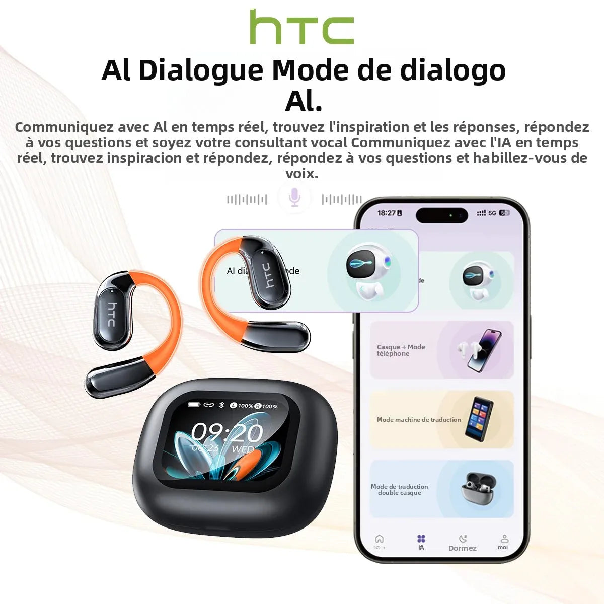ÉCOUTEURS BLUETOOTH AVEC CROCHET D’OREILLE ET TRADUCTEUR VOCAL IA SANS FIL