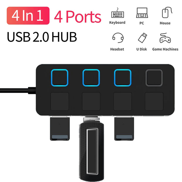 HUB USB 2.0 MULTI-USB RÉPARTITEUR 4 PORTS EXTENSEUR POUR CLÉS USB POUR ORDINATEUR PORTABLE ET PC
