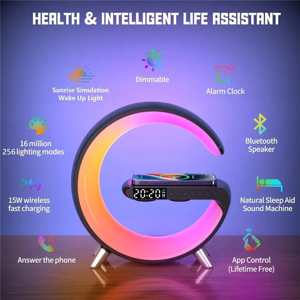 SUPPORT DE CHARGEUR SANS FIL MULTIFONCTION RÉVEIL HAUT-PARLEUR LUMIÈRE RGB AVEC APPLICATION STATION DE CHARGE RAPIDE