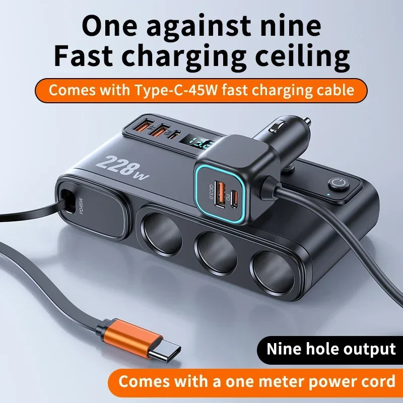 ADAPTATEUR CHARGE RAPIDE VOITURE 9 EN 1 AVEC 3 PRISES PD INDÉPENDANTES ET RÉPARTITEUR D’ALLUME-CIGARE