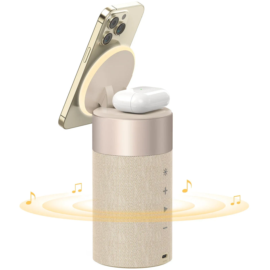 CHARGEUR SANS FIL MULTIFONCTION MAGNÉTIQUE AVEC HAUT-PARLEUR BLUETOOTH ET RÉVEIL