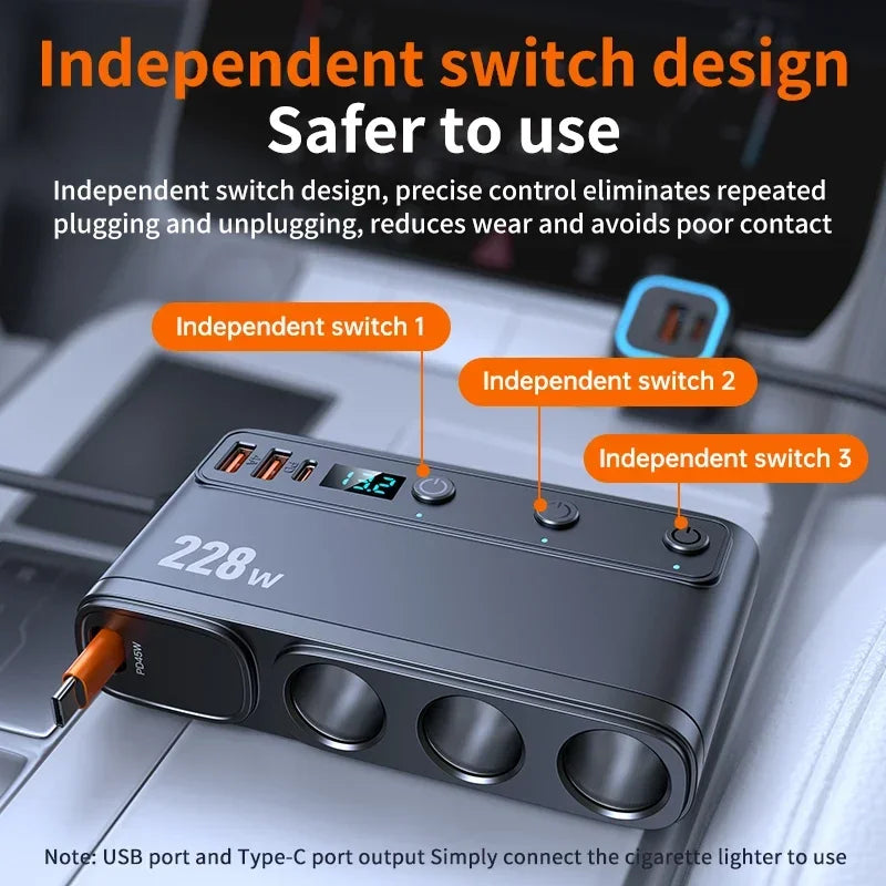 ADAPTATEUR CHARGE RAPIDE VOITURE 9 EN 1 AVEC 3 PRISES PD INDÉPENDANTES ET RÉPARTITEUR D’ALLUME-CIGARE