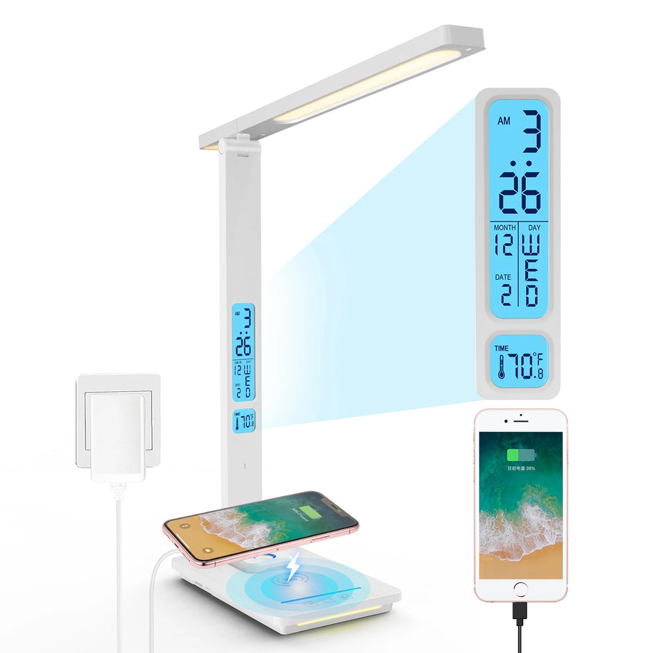 LAMPE DE BUREAU LED AVEC CHARGE SANS FIL QI 10W CALENDRIER THERMOMÈTRE ET RÉVEIL