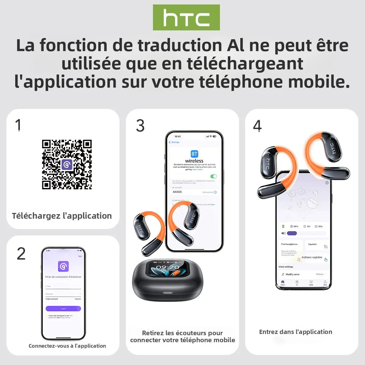 ÉCOUTEURS BLUETOOTH AVEC CROCHET D’OREILLE ET TRADUCTEUR VOCAL IA SANS FIL