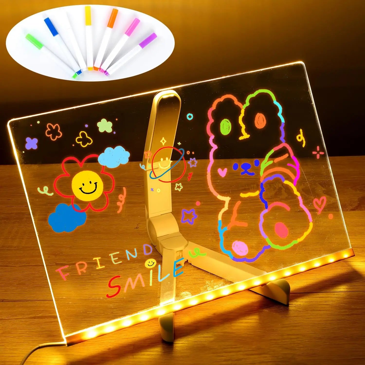 TABLEAU LUMINEUX LED POUR ENFANTS AVEC VEILLEUSE ET STYLOS COLORÉS 7 COULEURS EN ACRYLIQUE DIY