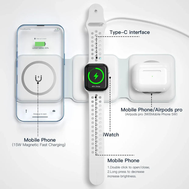 STATION DE CHARGE SANS FIL MAGNÉTIQUE 3 EN 1 POUR IPHONE APPLE WATCH AIRPODS