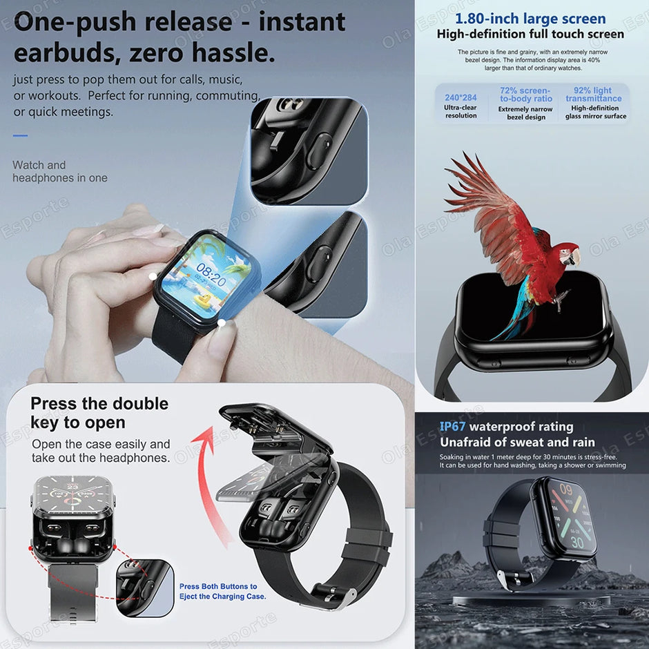 MONTRE CONNECTÉE 2 EN 1 AVEC ÉCOUTEURS BLUETOOTH ET SURVEILLANCE DE LA SANTÉ