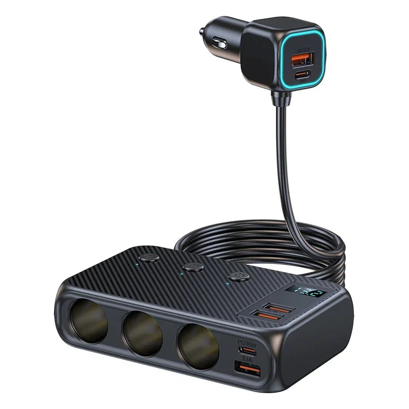 ADAPTATEUR CHARGE RAPIDE VOITURE 9 EN 1 AVEC 3 PRISES PD INDÉPENDANTES ET RÉPARTITEUR D’ALLUME-CIGARE