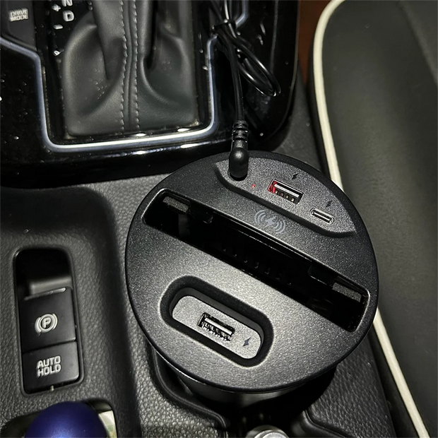 CHARGEUR SANS FIL POUR TÉLÉPHONE PORTABLE AVEC PORTE-GOBELET – ACCESSOIRE DE VOITURE DC12V 5A