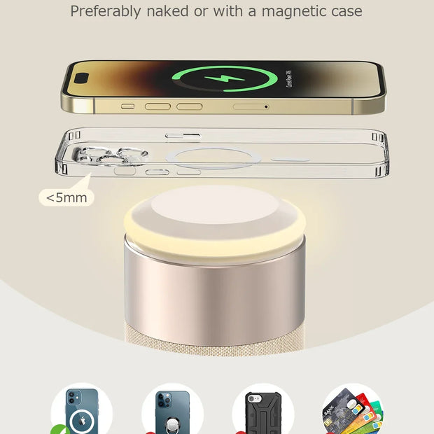 CHARGEUR SANS FIL MULTIFONCTION MAGNÉTIQUE AVEC HAUT-PARLEUR BLUETOOTH ET RÉVEIL