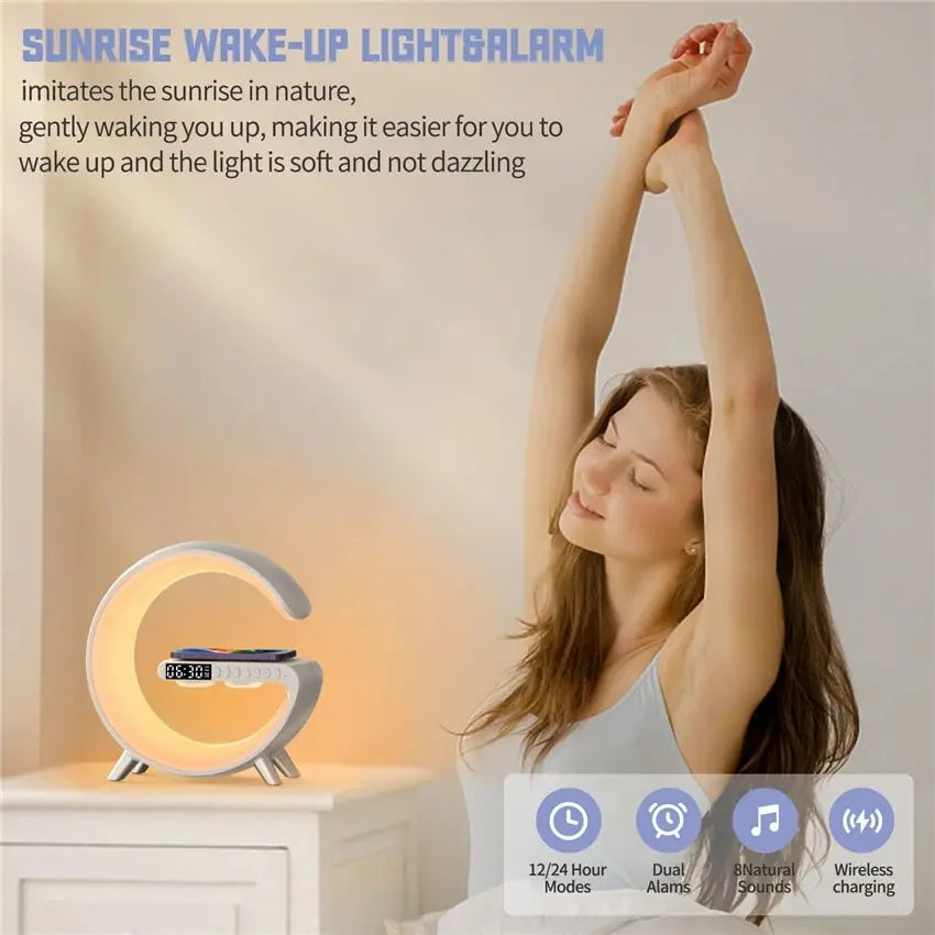 SUPPORT DE CHARGEUR SANS FIL MULTIFONCTION RÉVEIL HAUT-PARLEUR LUMIÈRE RGB AVEC APPLICATION STATION DE CHARGE RAPIDE