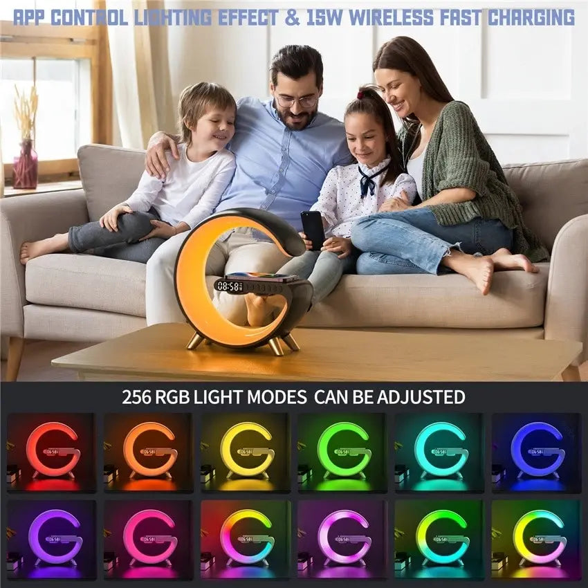 SUPPORT DE CHARGEUR SANS FIL MULTIFONCTION RÉVEIL HAUT-PARLEUR LUMIÈRE RGB AVEC APPLICATION STATION DE CHARGE RAPIDE