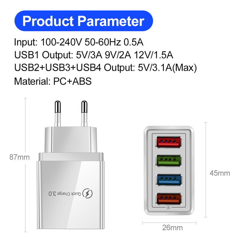 CHARGEUR USB QUICK CHARGE 3.0 ADAPTATEUR 4 PORTS